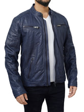 Load image into Gallery viewer, Cafe Racer Vintage Blue Leather Motorcycle Jacket For Men