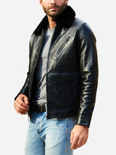 Load image into Gallery viewer, Men Flight Bomber Shearling Black Leather Jacket