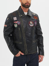 Load image into Gallery viewer, Vintage Men Black Leather Jacket With Patches