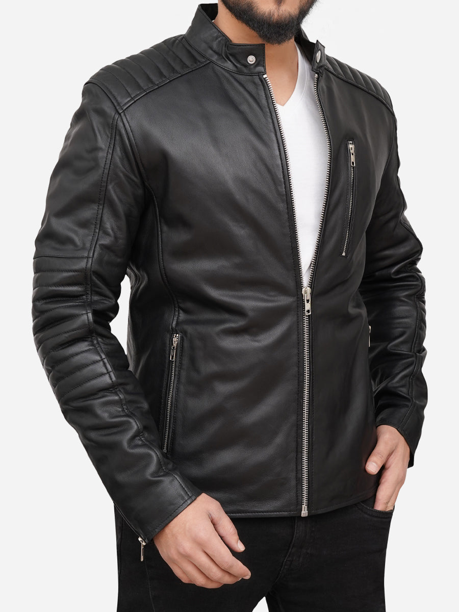 Edward Black Cafe Racer Quilted Leather Jacket