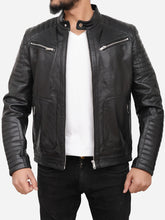 Lade das Bild in den Galerie-Viewer, Men Black Quilted Moto Leather Jacket