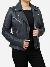 Load image into Gallery viewer, Slim Fit Real Sheepskin Blue Leather Biker Jacket For Women
