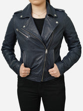 Load image into Gallery viewer, Women Slim Fit Real Sheepskin Blue Leather Biker Jacket