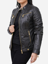 Lade das Bild in den Galerie-Viewer, Women Sheepskin Black Classic Leather Motorcycle Jacket
