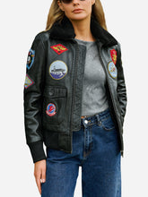 Load image into Gallery viewer, Women WWII Style Shearling Black Leather Aviator Jacket