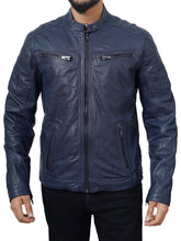 Load image into Gallery viewer, Cafe Racer Vintage Blue Leather Motorcycle Jacket