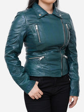 Load image into Gallery viewer, Women Green Leather Biker Jacket
