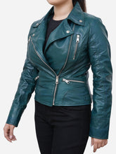 Load image into Gallery viewer, Women Casual Green Leather Biker Jacket