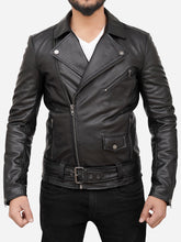 Load image into Gallery viewer, Men Vintage Black Leather Biker Jacket