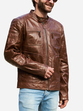 Load image into Gallery viewer, Brown Leather Motorcycle Jacket For Men