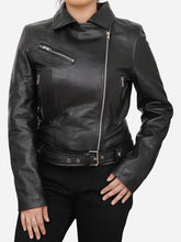 Load image into Gallery viewer, Slim Fit Black Motorcycle Sheepskin Leather Jacket For Women