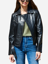 Load image into Gallery viewer, Amelia Black Sheepskin Motorcycle Leather Jacket