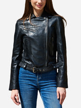 Load image into Gallery viewer, Amelia Black Sheepskin Biker Leather Jacket
