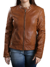 Load image into Gallery viewer, Ofeliya Tan Brown Perforated Leather Motorcycle Jacket