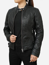 Load image into Gallery viewer, Fitted Style Black Leather Biker Jacket For Women