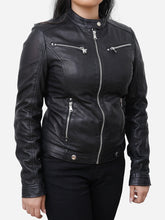 Load image into Gallery viewer, Women Vintage Style Cafe Racer Black Leather Jacket