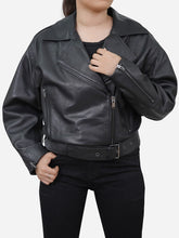 Load image into Gallery viewer, Black Biker Cropped Leather Jacket For Women