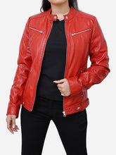 Lade das Bild in den Galerie-Viewer, Women Red Leather Motorcycle Jacket