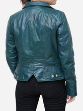 Load image into Gallery viewer, Women green Leather Motorcycle Jacket