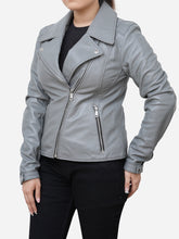 Load image into Gallery viewer, Women Motorcycle Real Sheepskin Grey Leather Jacket