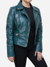 Load image into Gallery viewer, Women Casual Green Leather Biker Jacket