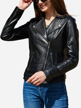 Load image into Gallery viewer, Women Black Biker Leather Jacket