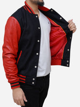 Load image into Gallery viewer, Wool Blended Black and Red Bomber Jacket For Men