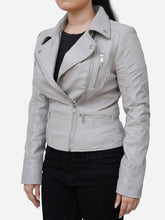 Load image into Gallery viewer, Eliana Grey Leather Motorcycle Jacket