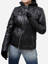 Load image into Gallery viewer, Genuine Black Leather Jacket Women With Hoodie