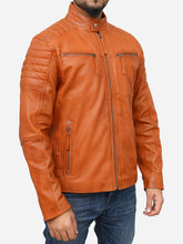 Lade das Bild in den Galerie-Viewer, Tan Brown Cafe Racer Leather Jacket for Men