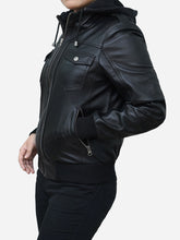 Load image into Gallery viewer, Black Leather Bomber Fitted With Removable Hood - Women