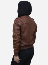 Load image into Gallery viewer, Cognac Brown Leather Hooded Bomber Jacket for Women