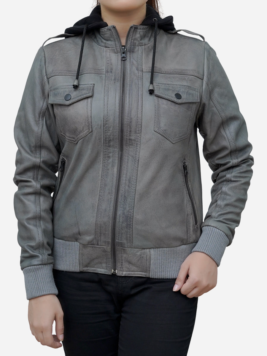Women's Cloud Grey Real Lambskin Hooded Leather Jacket