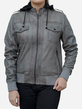 Load image into Gallery viewer, Women's Cloud Grey Leather Bomber Jacket With Hood