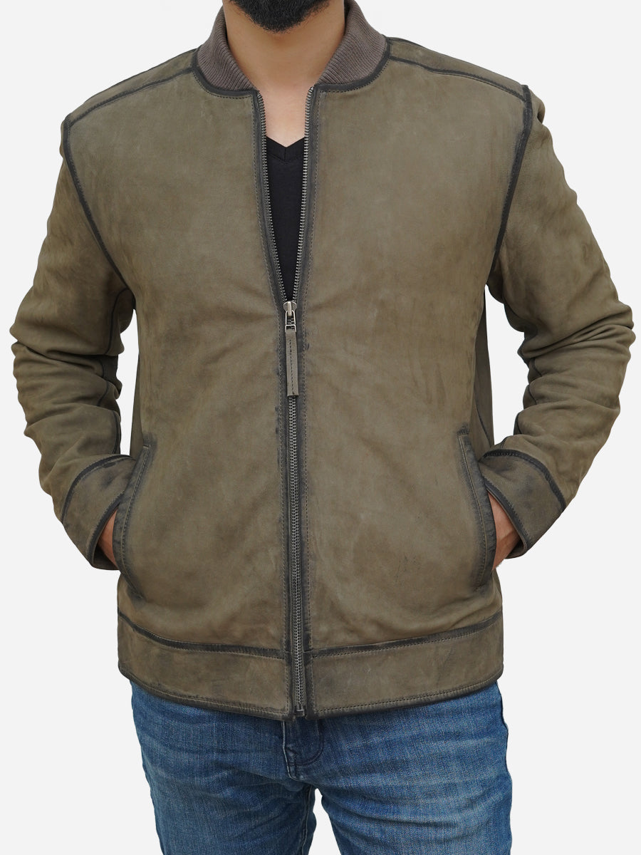 Men’s 2024 Bomber Jacket Italian Suede Leather Olive Green Size Large