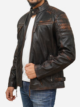 Load image into Gallery viewer, Men&#39;s Brown Distressed Leather Moto Café Racer Jacket
