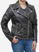 Lade das Bild in den Galerie-Viewer, Women's Black Distressed Asymmetric Leather Biker Jacket