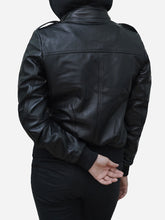 Load image into Gallery viewer, Women's Black Leather Fitted Bomber Hood with Removable