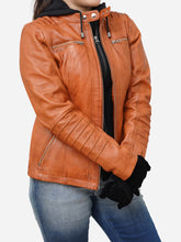 Load image into Gallery viewer, Women's Real Lambskin Hooded Leather Jacket