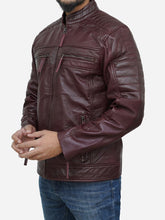 Load image into Gallery viewer, Men's Genuine Burgundy Waxed Leather Biker Jacket