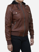 Load image into Gallery viewer, Women's Hooded Cognac Brown Leather Bomber Jacket