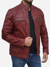 Load image into Gallery viewer, Maroon Leather Jacket Men Motorcycle Genuine Lambskin Jacket - Peter Sign