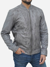 Load image into Gallery viewer, Grey Leather Bomber Jacket - Men's Distressed