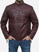 Load image into Gallery viewer, Burgundy Leather Biker Jacket - Men's Waxed Genuine