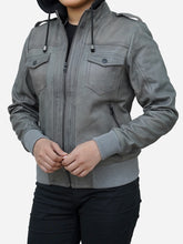 Load image into Gallery viewer, Women's Cloud Grey Leather Jacket With Removable Hood