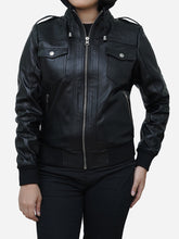 Load image into Gallery viewer, Fitted Black Leather Bomber - Women with Removable Hood