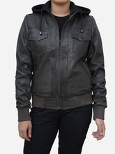 Load image into Gallery viewer, Women's Grey Hoodie Jacket in Real Lambskin Leather