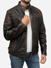 Load image into Gallery viewer, Distressed Brown Leather Café Racer Moto Jacket - Men's