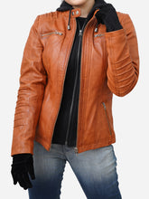 Load image into Gallery viewer, Women's Tan Brown Hooded Leather Jacket