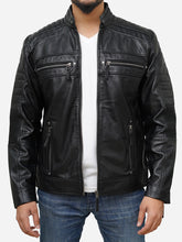 Load image into Gallery viewer, Black Leather Biker Jacket - Men's Genuine